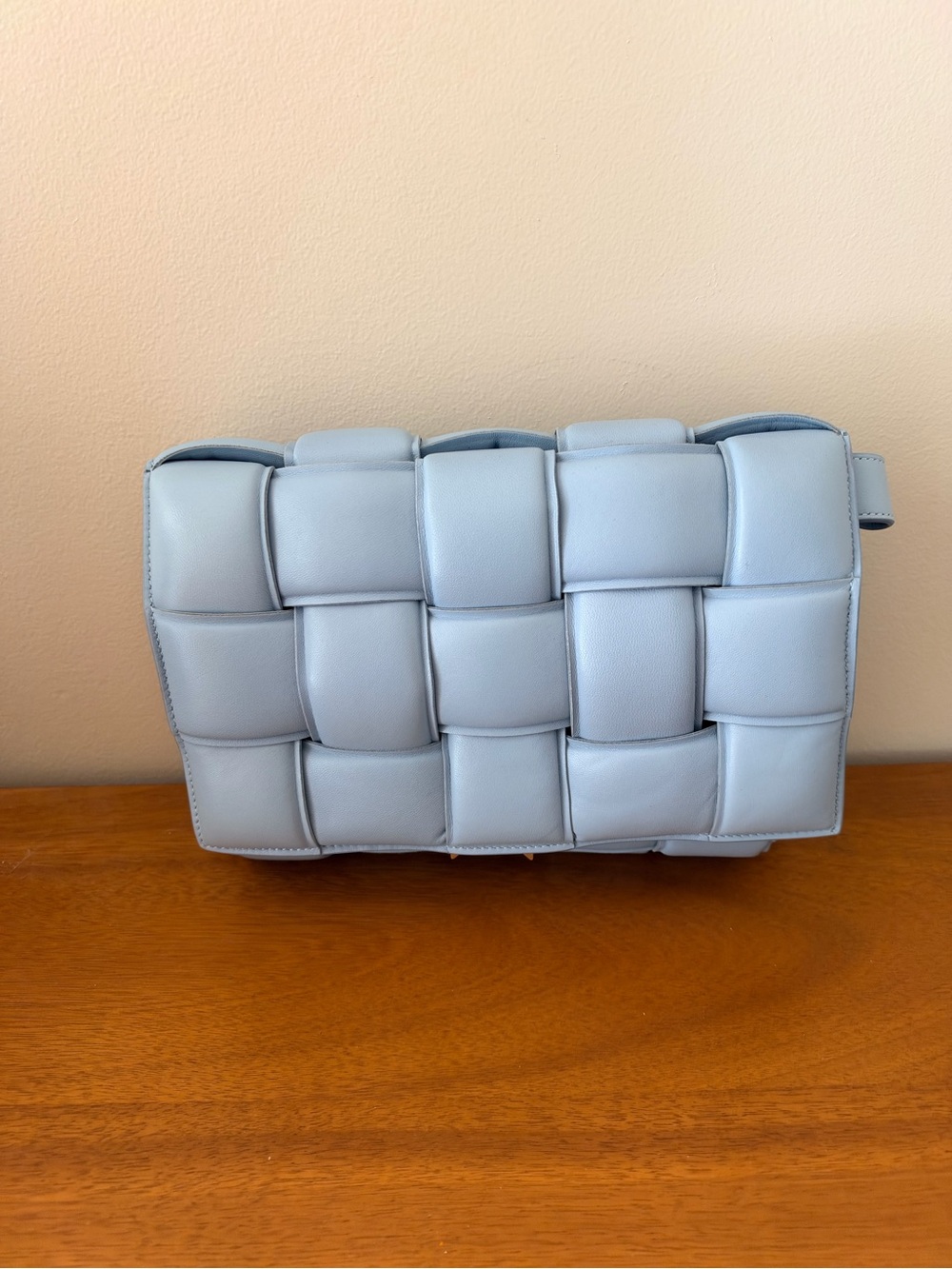 Woven Leather Shoulder Bag - Light Blue